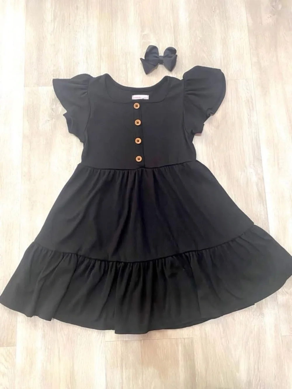 Kids Black Tiered Flutter-Sleeve Dress